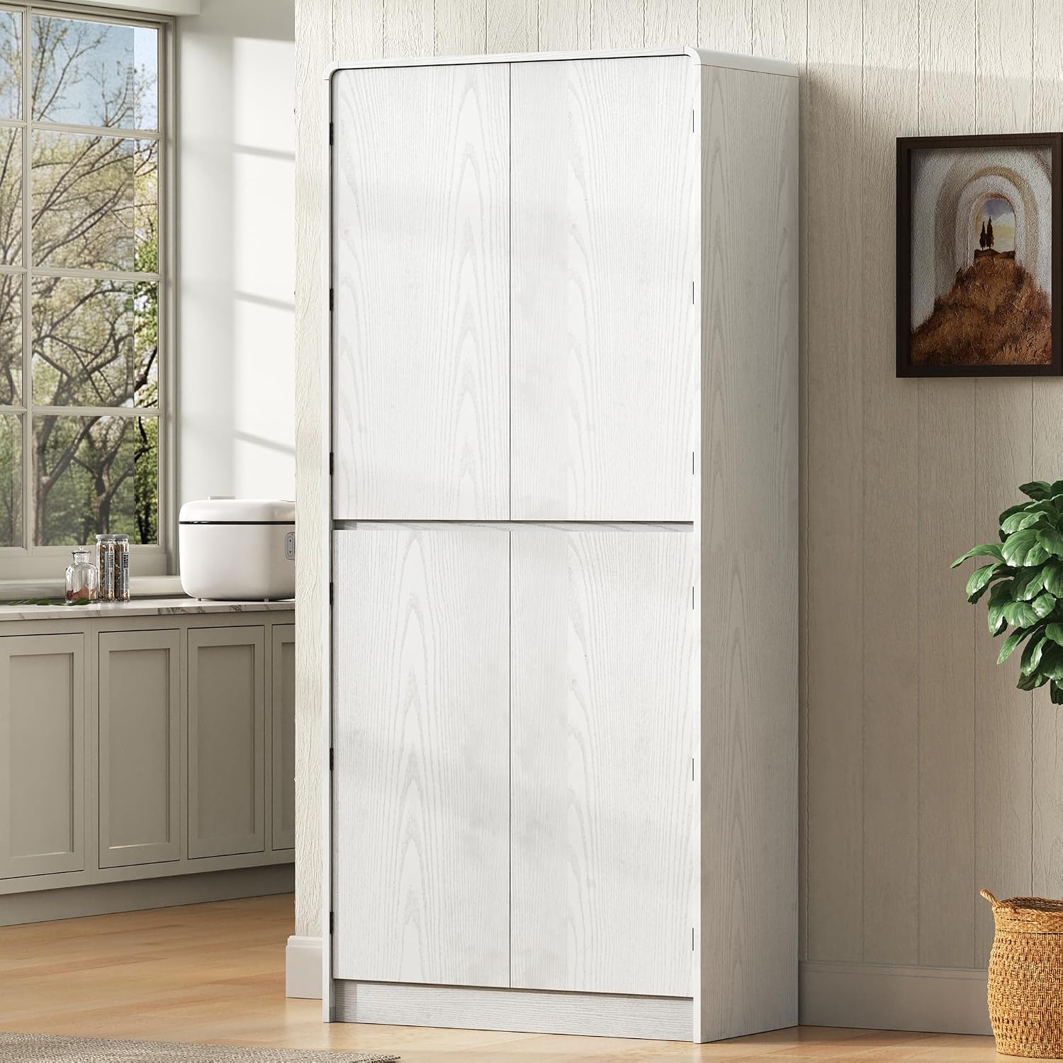 72 Inch Farmhouse Kitchen Pantry Cabinet with Unique Curved Design, 4-Door Storage with 8 Adjustable Door Shelves, 3 Adjustable Shelves & Hidden Drawer, Freestanding (Curved Design + White)