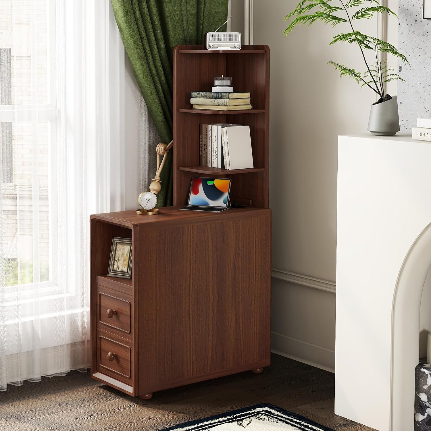 Tall Side Table Fully Assembled End Tables with Charging Station, 47 Inch High Nightstand Bed Side Table with Storage for Living Room & Bed Room, Just Need to Install Legs and Upper Shelves (Walnut)
