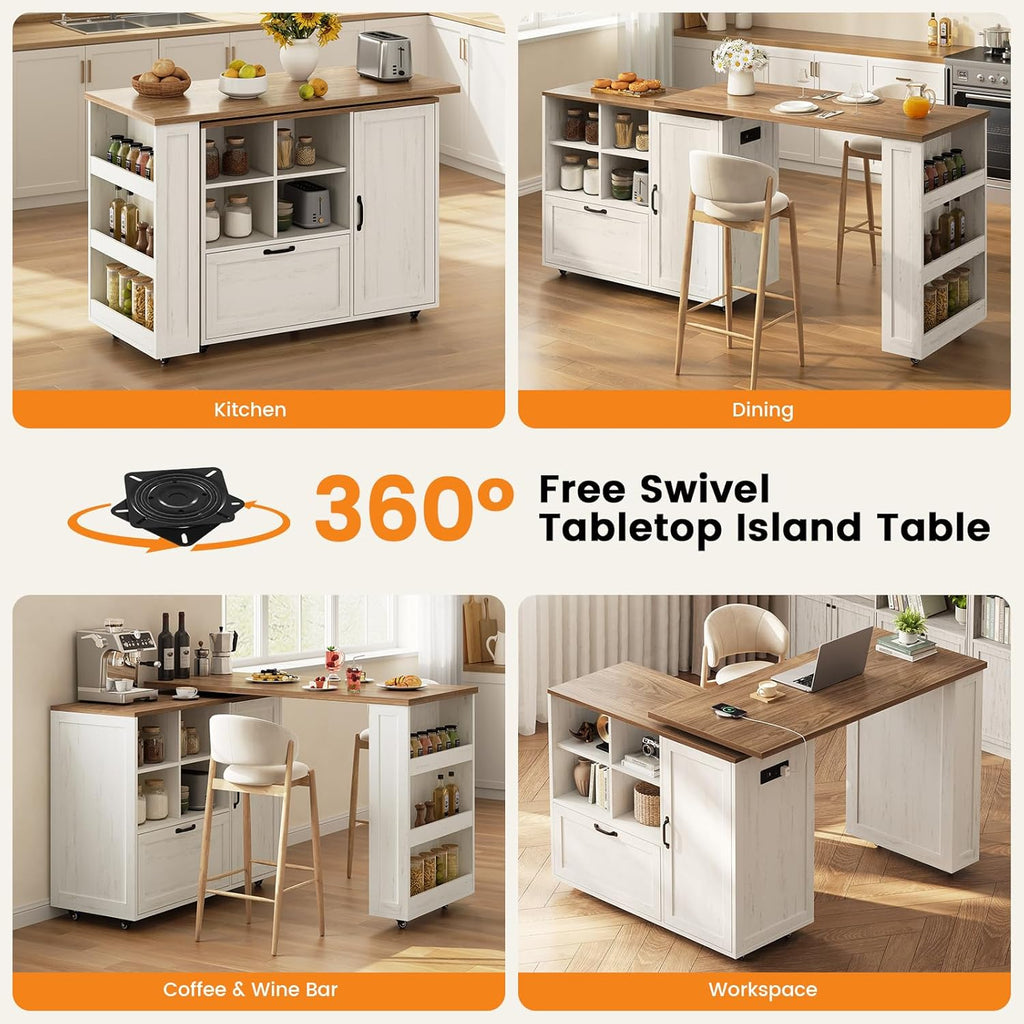 72" Rolling Kitchen Island with 360° Swivel Table & Power Outlet, Farmhouse Mobile Island Table with Storage Cabinet on Wheels, Wood Island Cart with Spice Rack for Kitchen,Dining Room,White