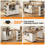 72" Rolling Kitchen Island with 360° Swivel Table & Power Outlet, Farmhouse Mobile Island Table with Storage Cabinet on Wheels, Wood Island Cart with Spice Rack for Kitchen,Dining Room,White