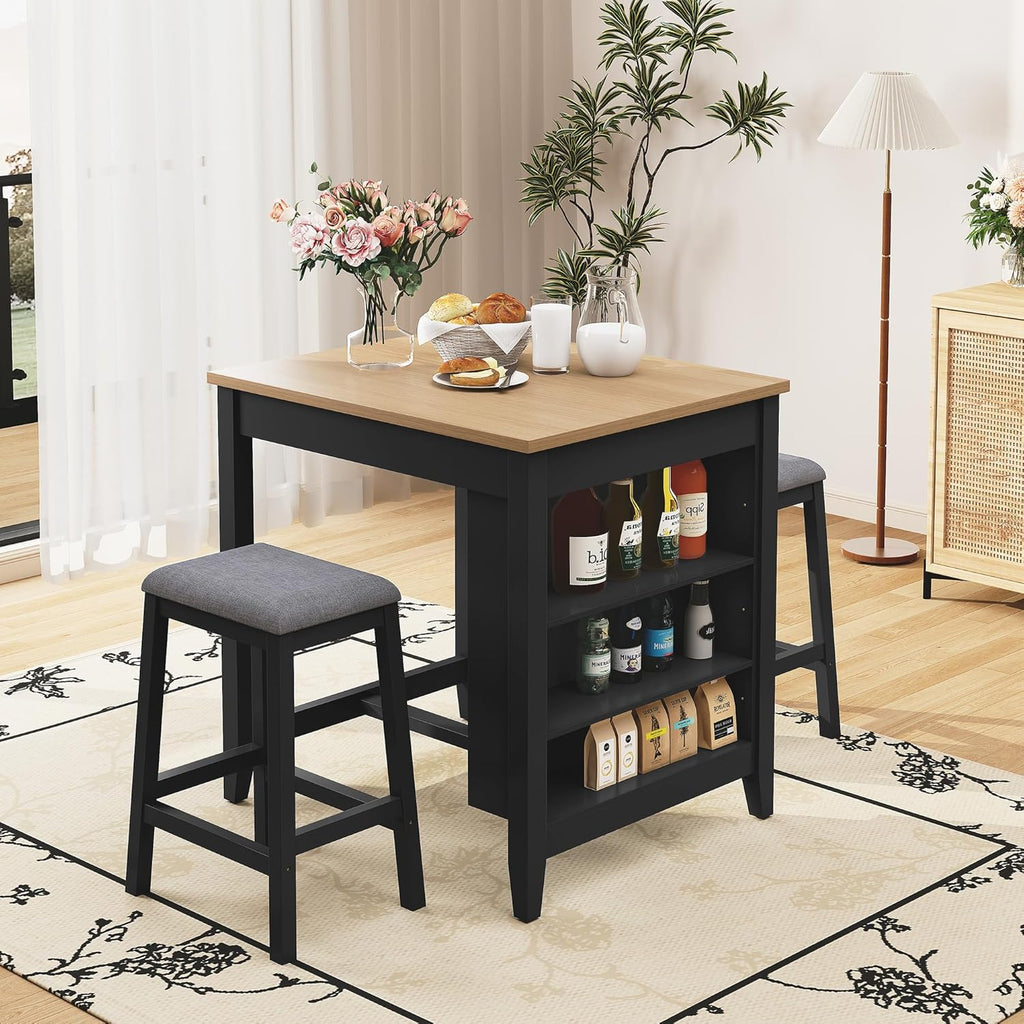 HLR 3-Piece Dining Table Set for 2 Person, Small Farmhouse Kitchen Table with 2 Bar Stools, Wood Dinner Table with Storage Shelves for Dining Room, Apartment, Small Space, Breakfast Nook, Black