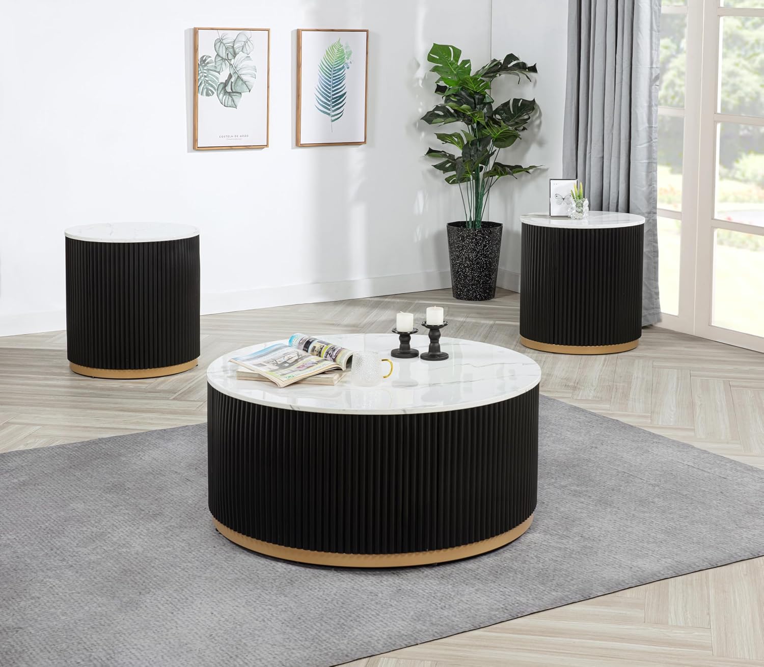 ø22'' Faux Marble Top Side Table Round Circle End Table for Living Room, Modern Luxurious Wooden Base Gold-Finished Style, Easy Assembly, Black & Gold & White