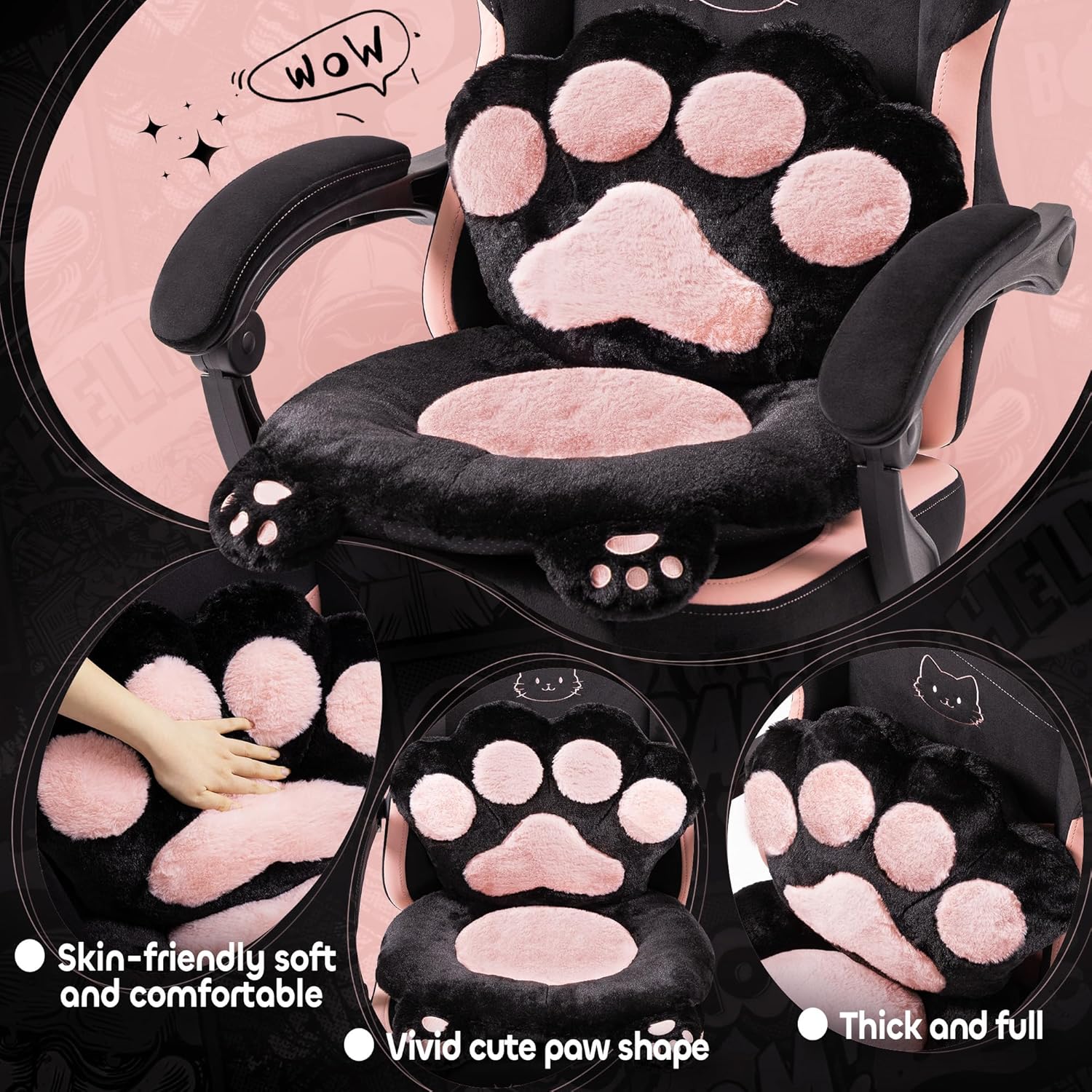 Pink Gaming Chair Cute with Cat Ears Paw Lumbar and Cushion,Ergonomic Computer Chair with Footrest,Reclining PC Game Chair for Girl Computer Chair 300lbs for Adult