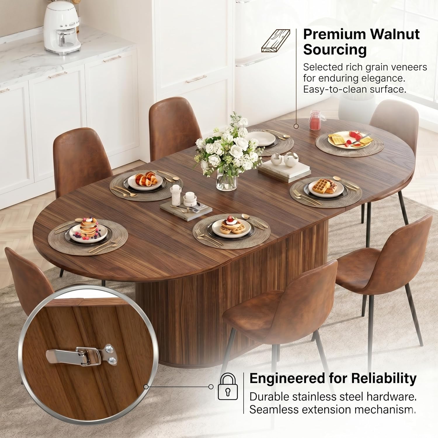 55"-71" Extendable Dining Table Set for 6, Oval Dining Room Table Set for 6, Modern Wood Kitchen Table Upholstered Chairs Set of 6, Ideal for Dining Room,Office, Space-Saving