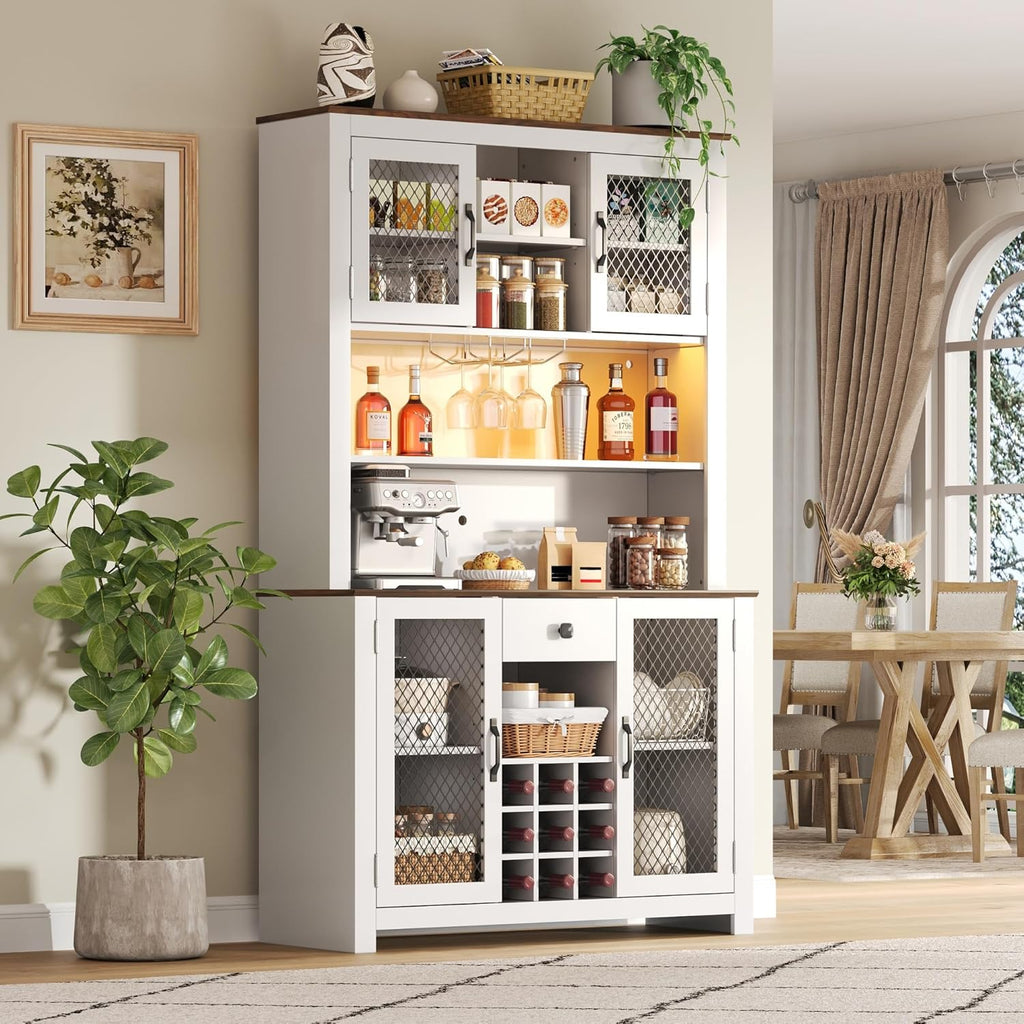 DSHADE 70.9" White Rustic Farmhouse Kitchen Pantry Cabinet with Built-in Power & USB Outlets, Wine Rack, Stemware Rack, LED Light, Adjustable Shelves for Dining Room