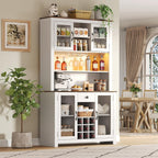 DSHADE 70.9" White Rustic Farmhouse Kitchen Pantry Cabinet with Built-in Power & USB Outlets, Wine Rack, Stemware Rack, LED Light, Adjustable Shelves for Dining Room