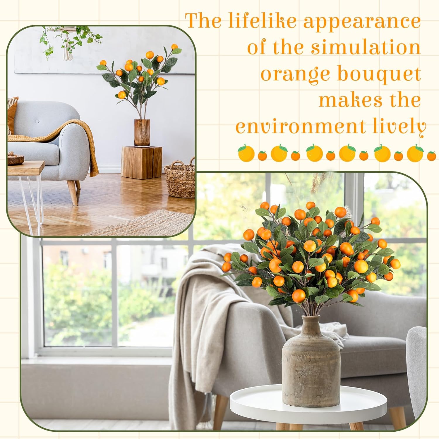 Daifunli 10 Pcs Artificial Tangerine Branches 25 Inch Realistic Faux Oranges Fruit with Green Leaves Simulation Orange Branch Decorative Kumquat Tangerine for Vase Home Party Decoration (6 Oranges)