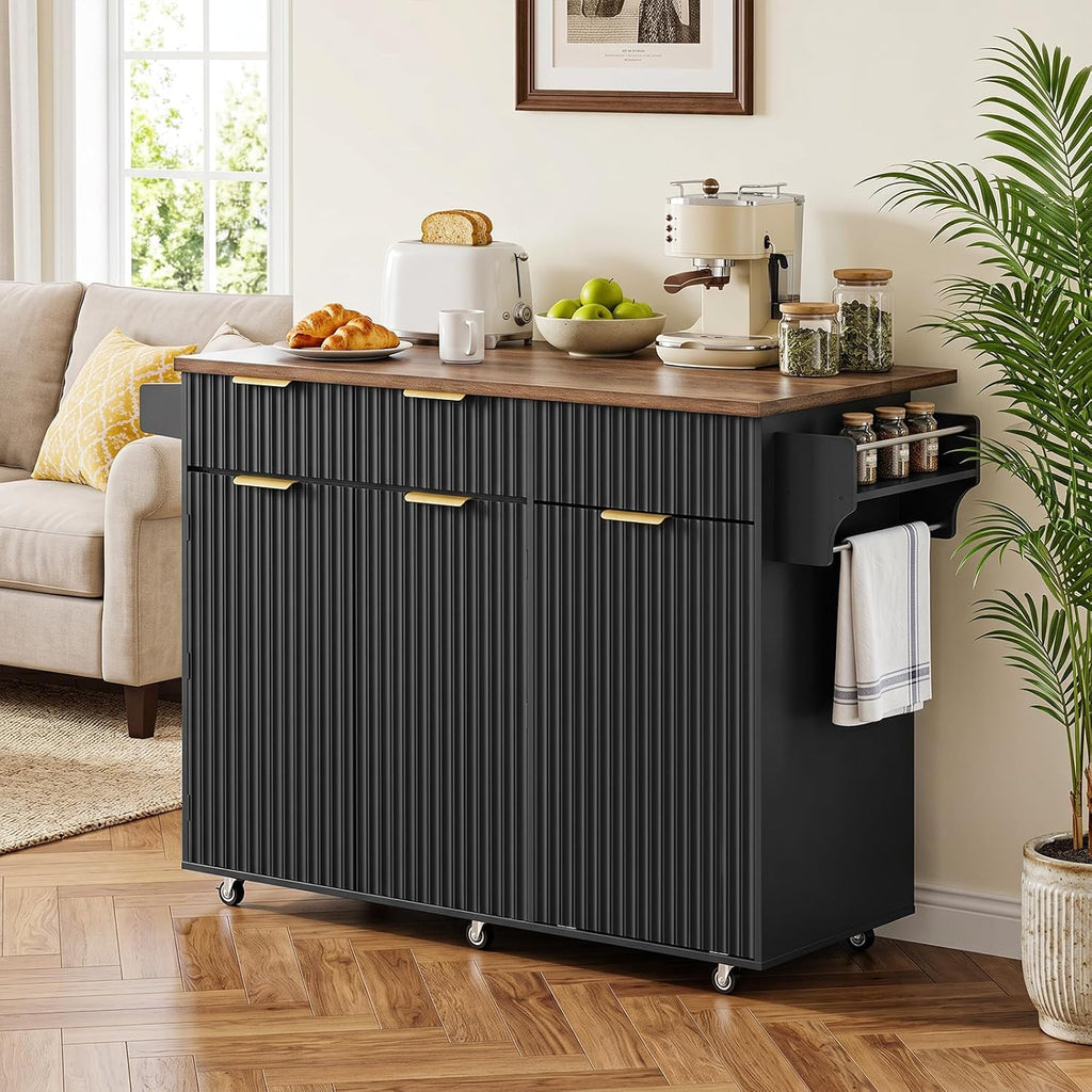 CHOEZON Mobile Kitchen Island with Folding Drop Leaf Countertop, Rolling Kitchen Island Cart with Trash Can Storage, Drawers, Adjustable Shelf, Spice Rack, Towel Bar, for Kitchen, Black and Walnut