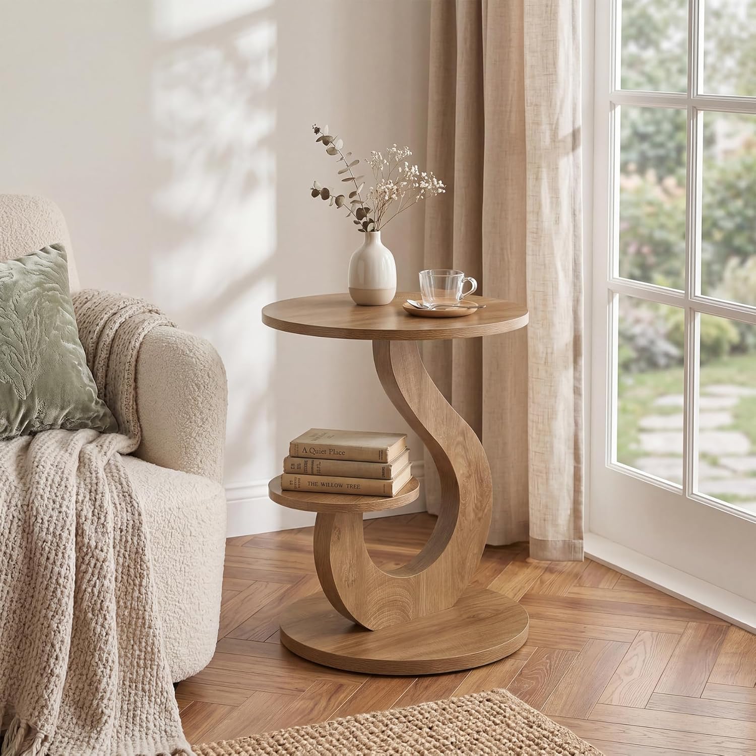 LITTLE TREE 2-Tier Round End Table, Small Side Table for Couch, Living Room, Bedroom, S-Shaped Accent Tables for Small Spaces, Walnut Finish
