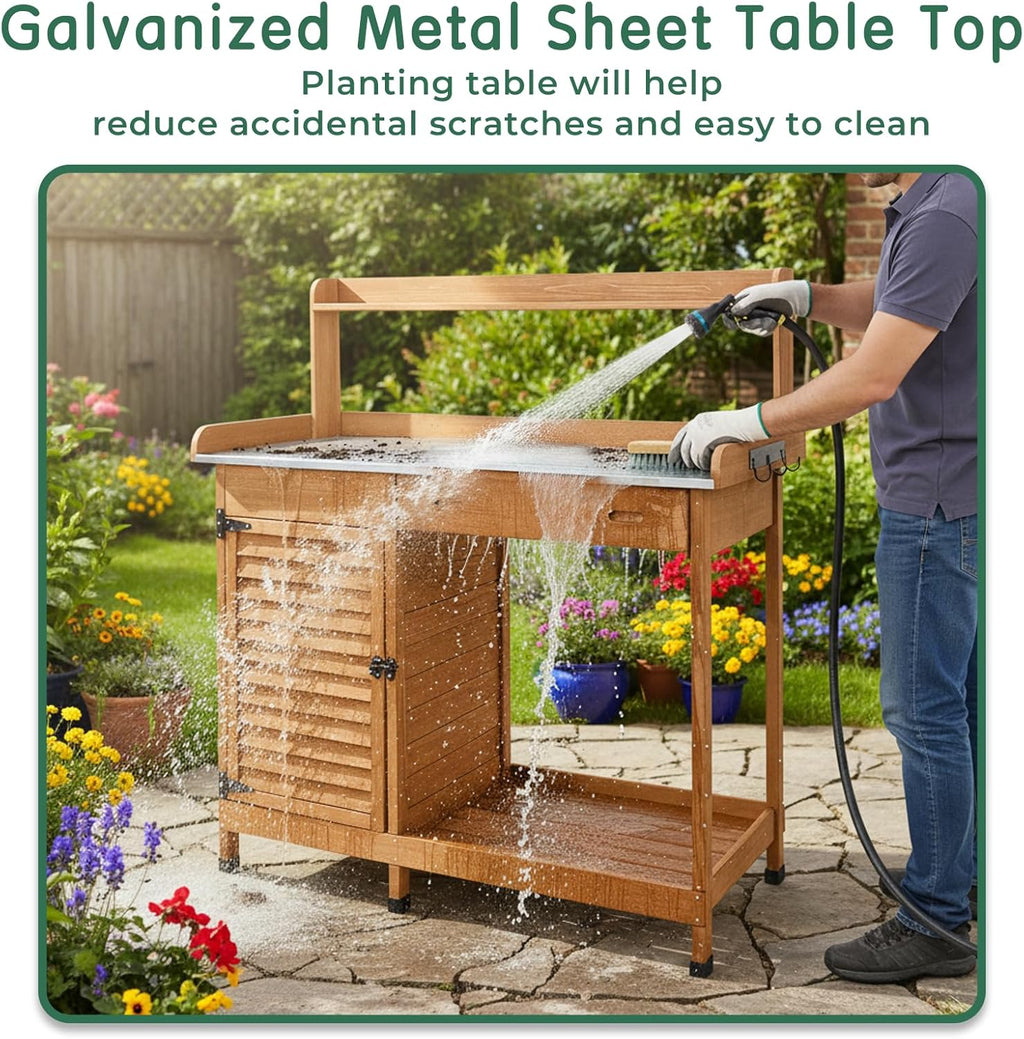 Potting Bench Table Work Bench with Storage Cabinet Outdoor Wooden Garden Workstation with Metal Tabletop/Drawer/Hooks/Open Shelf(41" LX 12.5" W X 49.2" H)