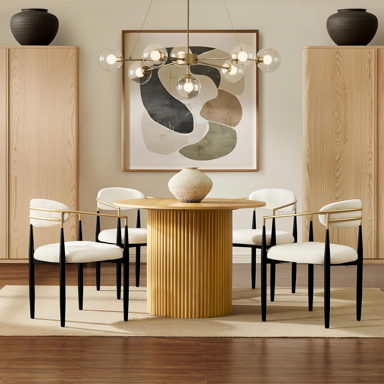 Morden Fort Set of 4 Chenille Upholstered Dining Chairs with Arms,Black Metal Frame with Gold Accent,Padded Kitchen,White