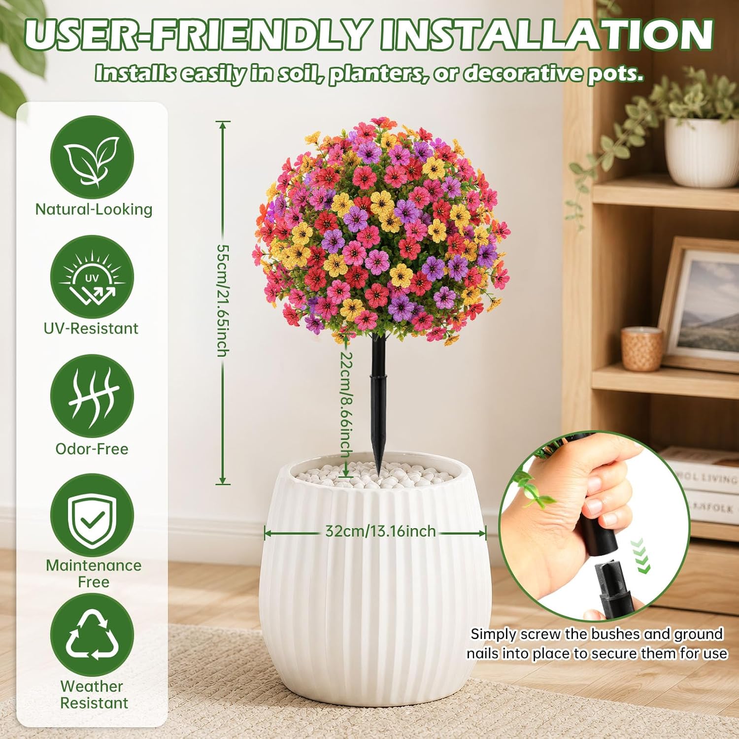 2Pcs 22" Artificial Topiary Ball Flowers for Outdoors Planters, Spring Summer Decoration, UV Resistant Faux Floral Greenery, Fake Shrubs Bushes for Indoor Outdoor Garden Yard Porch Patio Home Decor
