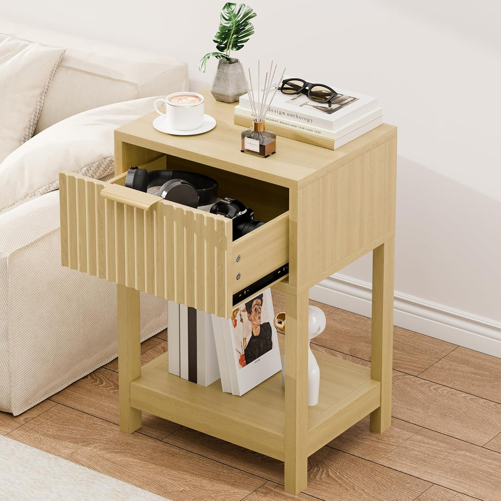 Modern Nightstand, Boho Bedside Table with Drawer and Opening Storage, Mid Century Wood End Table for Living Room Fluted Night Stand with Solid Wood Legs for Bedroom, Oak, 1pc