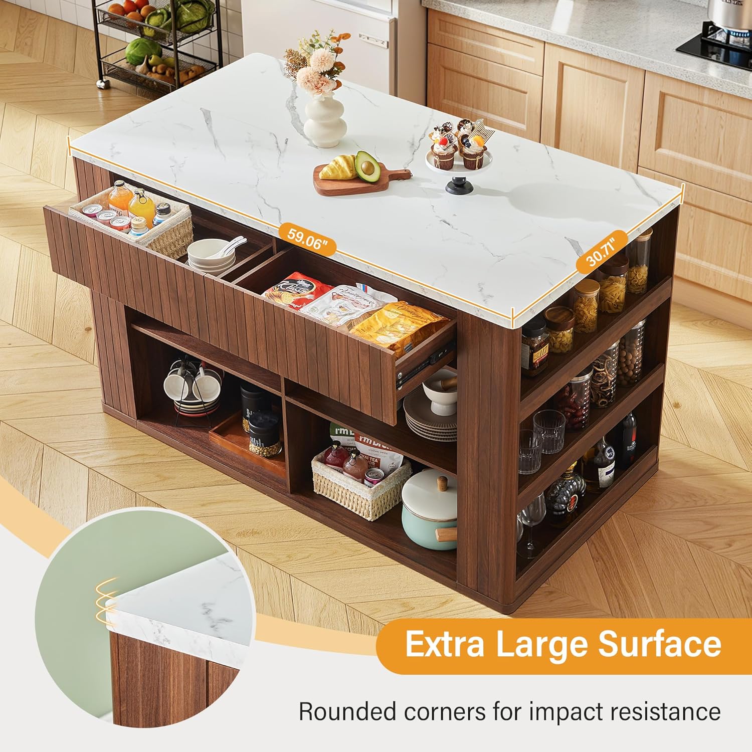 59" Kitchen Island with Storage & Seating for 2, Modern Stationary Kitchen Island with Faux Marble Top, 2 Drawers, Open Shelves & 5 Hooks, Counter Height Prep Table for Dining & Kitchen (Walnut)