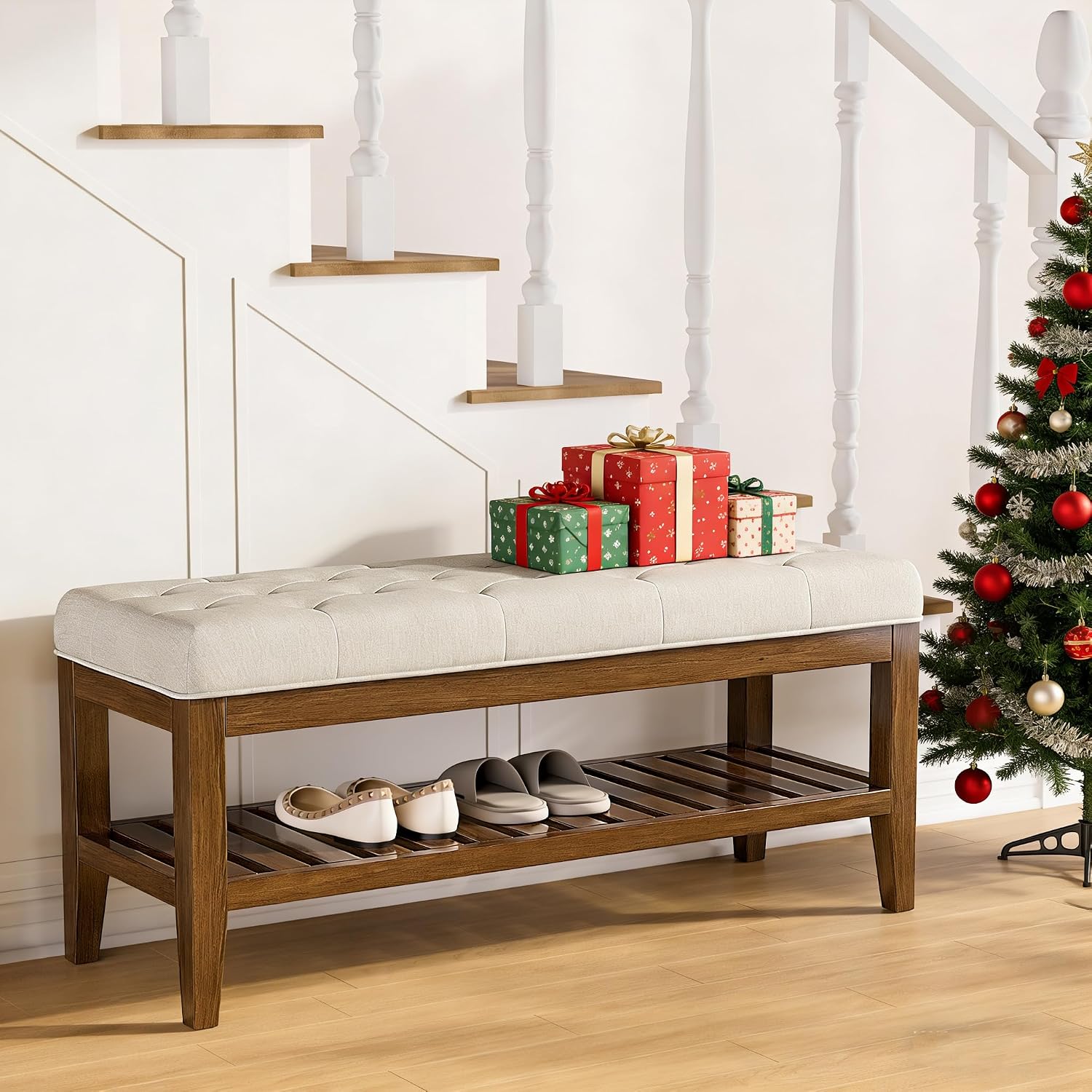 REONEY 43" End of Bed Bench, Upholstered Bedroom Storage Ottoman Bench, Entryway Shoe Bench, Padded Window Seat with Solid Wood Legs, for Living Room, Hallway, Beige Linen