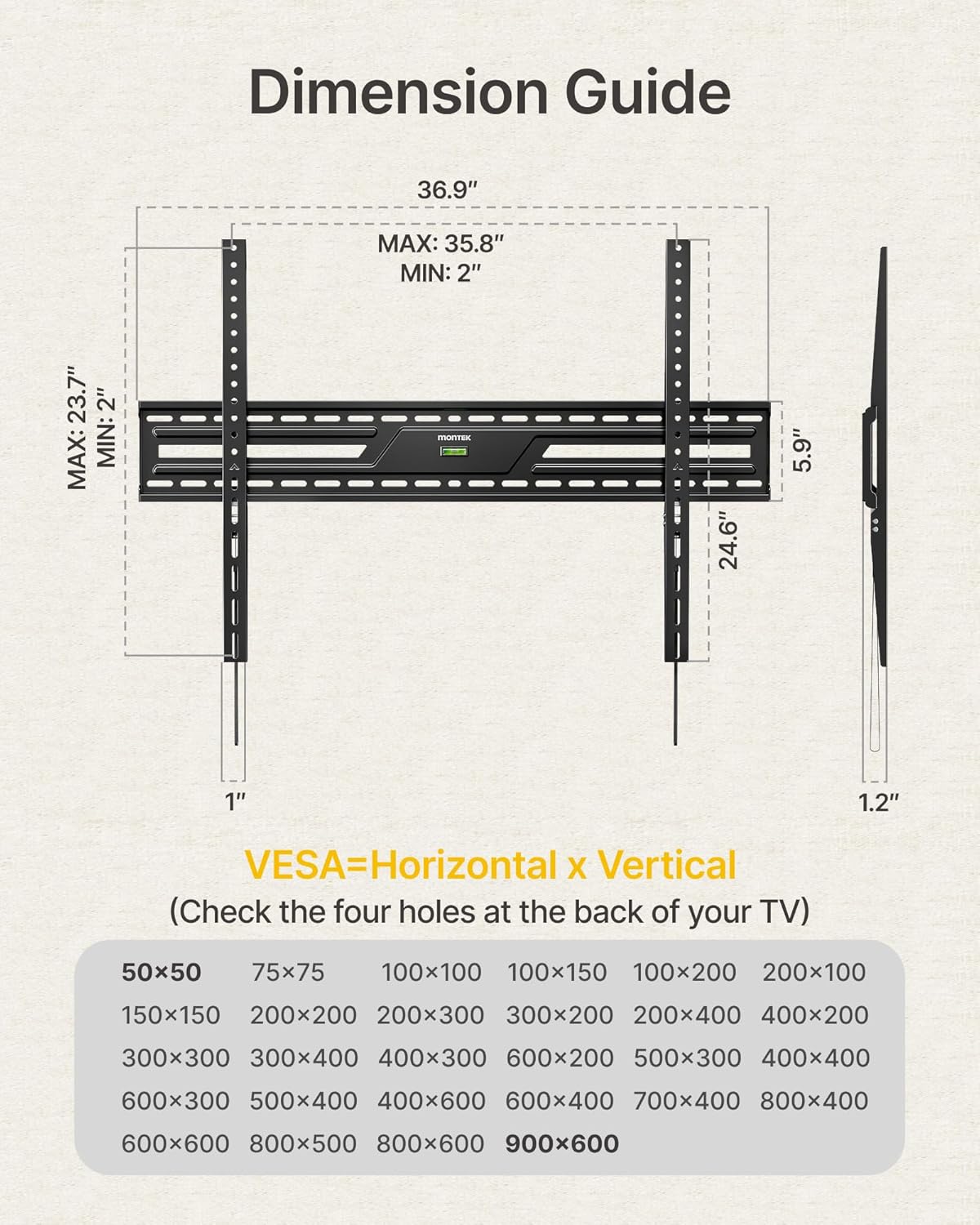 monTEK Heavy Duty Fixed TV Wall Mount for 50-100 Inch Large TVs up to 200 lbs, 4X Safety Tested, TV Mount Bracket for Home Theater & Commercial Use, Fits 16"/18"/24" Wood Studs, Max VESA 900x600mm