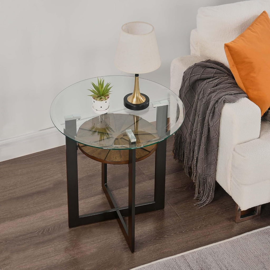 2-Tier Round End Side Table with 8mm Tempered Glass Top, Sofa Bedside Table with Cross Leg Metal Frame, 23.8"Dia x 24.4"H Circle Side Table with Wood Shelf for Living Room, Black Metal Leg CJZ-B2616-1
