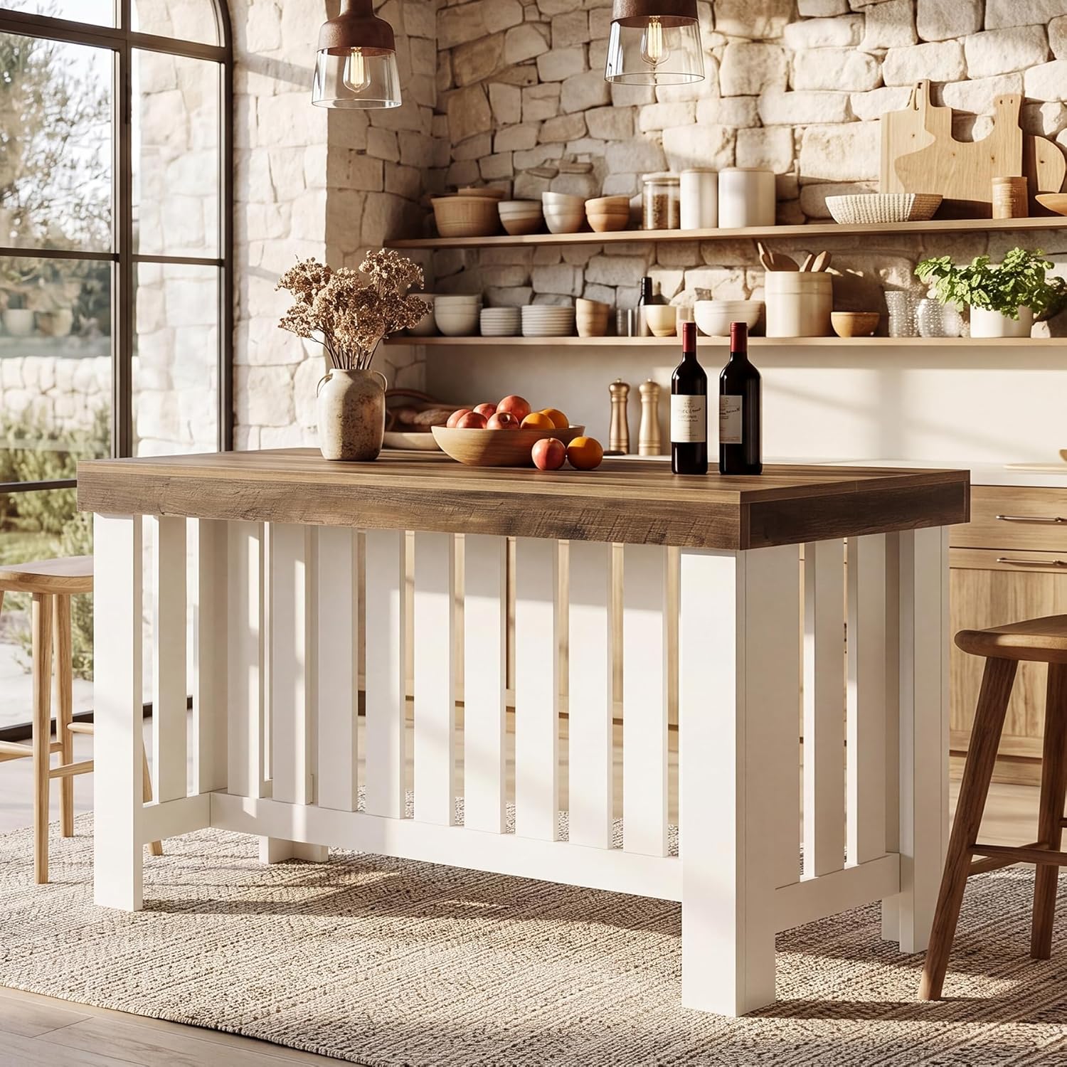 Tribesigns 55" Kitchen Island, Farmhouse Large Stationary Wood Table with Sturdy Base, Freestanding with Large Worktop & Leg Room for Kitchen, Dining Room (White and Brown)