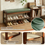 Shoe Rack Bench 2 Tier 27.6'' Bamboo Entryway Bench with Cushion and Hidden Storage Hold up to 300 lb Shoe Organizer for Hallway, Closet, Front Door Entrance, Foyer , Living Room Bedroom(Green)