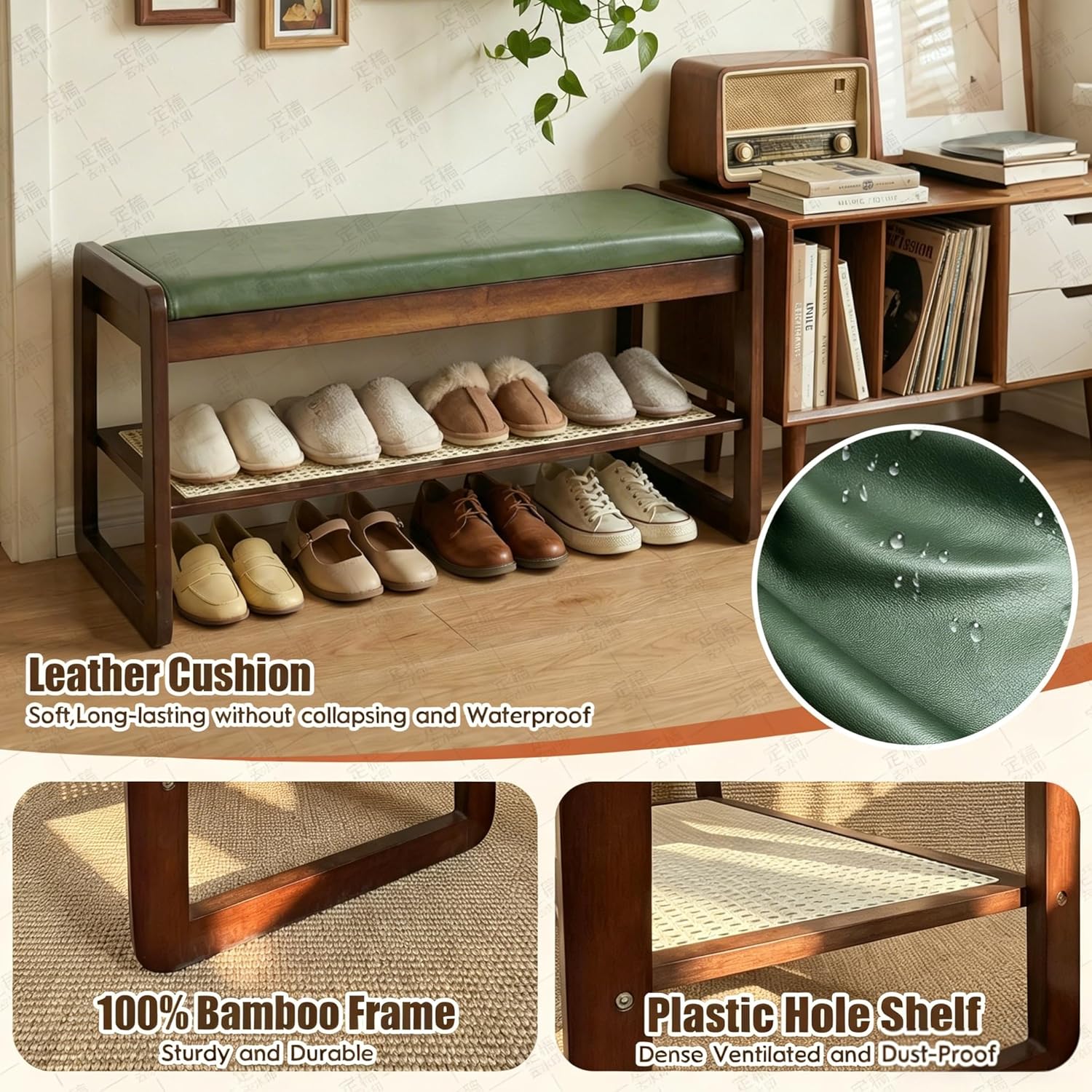 Shoe Rack Bench 2 Tier 27.6'' Bamboo Entryway Bench with Cushion and Hidden Storage Hold up to 300 lb Shoe Organizer for Hallway, Closet, Front Door Entrance, Foyer , Living Room Bedroom(Green)