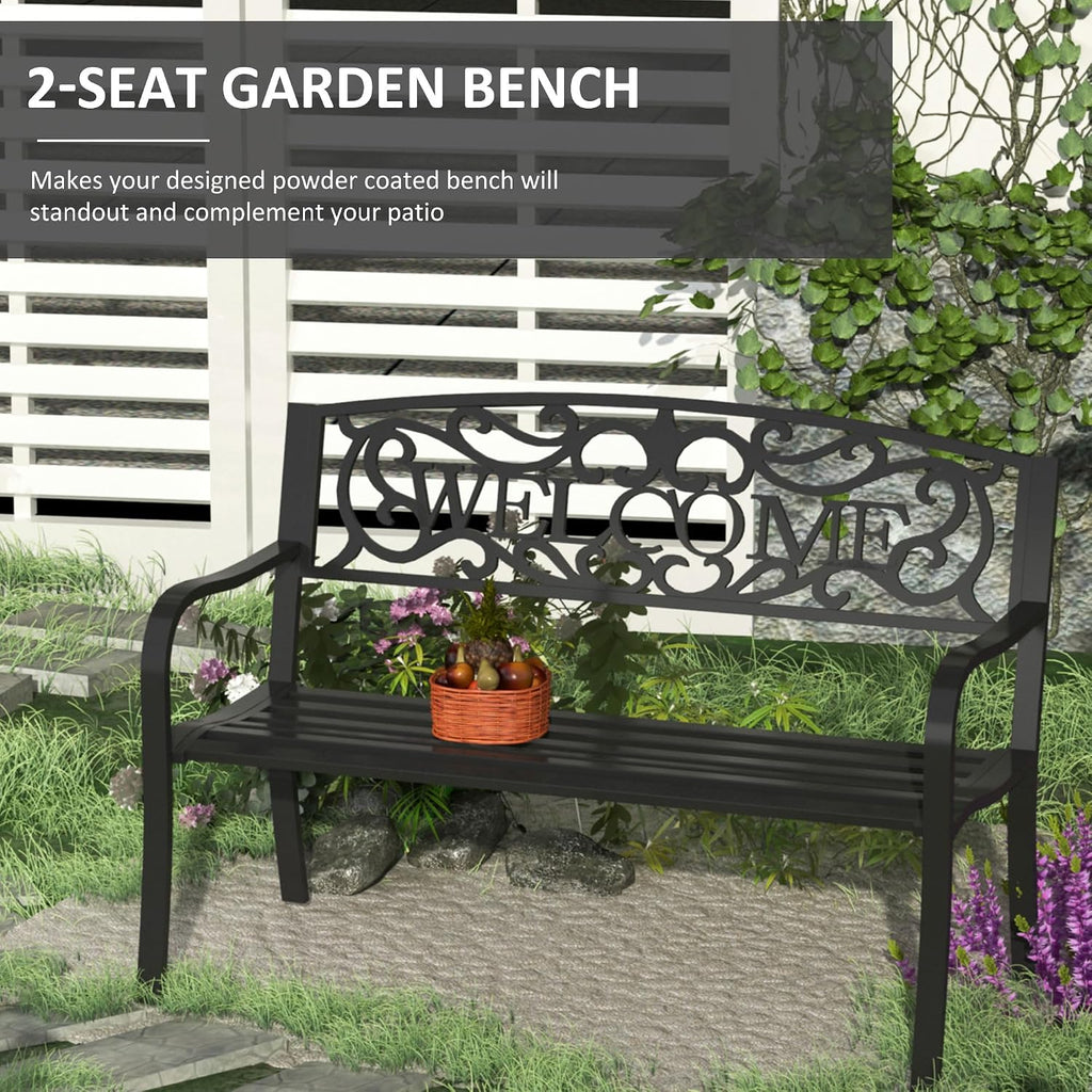 Garden Bench, 50 Inch 2-Person Outdoor Patio Loveseat with Cast Iron Welcome Vines, Decorative Park Bench for Backyard Porch Entryway Lawn Garden