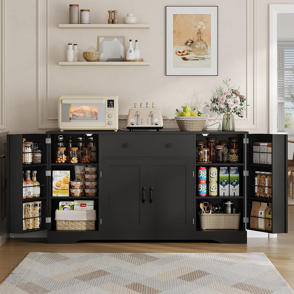 Brinlawb Buffet Cabinet with Storage & Charging Station, 53" Farmhouse Coffee Cabinet with Compartment Drawer, Sideboard Cabinets with Door and Adjustable Shelves for Kitchen, Black