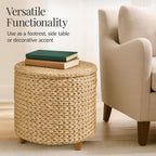 Best Choice Products 17" Round Storage Ottoman W/Lid, Handwoven Water Hyacinth Footstool, Footrest w/Wooden Legs, Accent Side Table, Storage Container, Plant Stand - Natural