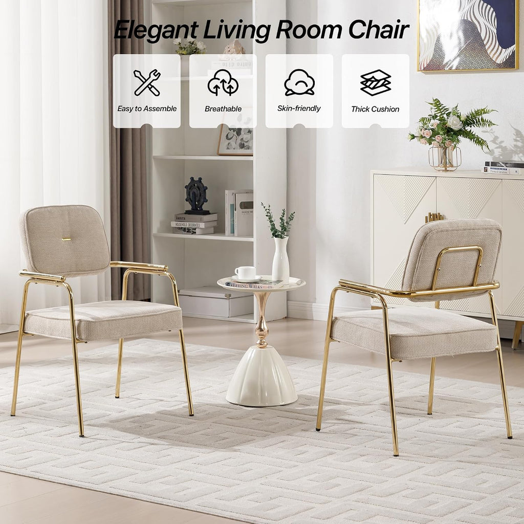HENGJIANYI Accent Chair Dining Chair Set of 2, Chenille Upholstered Armchair Reading Side Chair, Comfy Living Room Chair with Gold Metal Legs for Bedroom Waiting Room, Beige