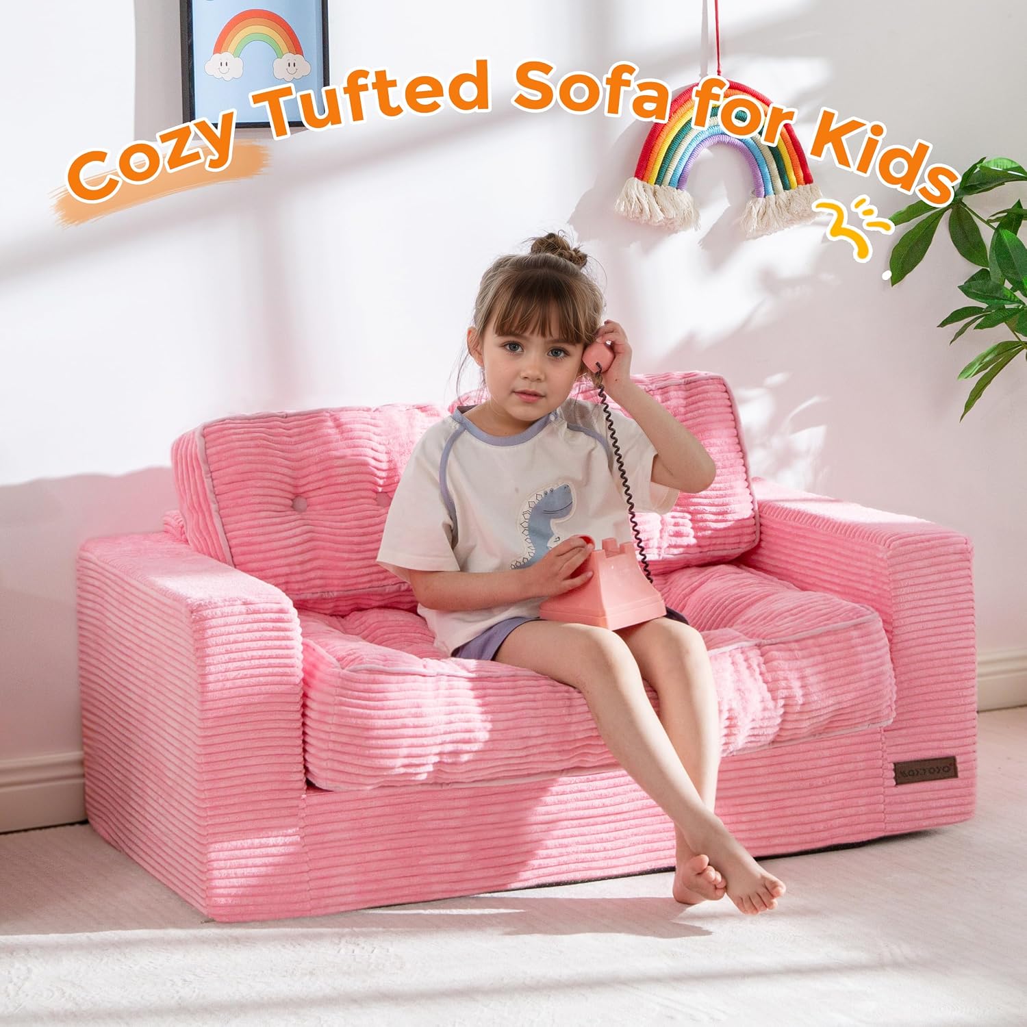 MAXYOYO Kids Bean Bag Chair, Upholstered Bean Bag Sofa Cloud 2-Seat for Boys and Girls, Boneless Couch with Tufted Cushion & Pillows, Kids Sofa in A Box, No Assembly Required, Pink