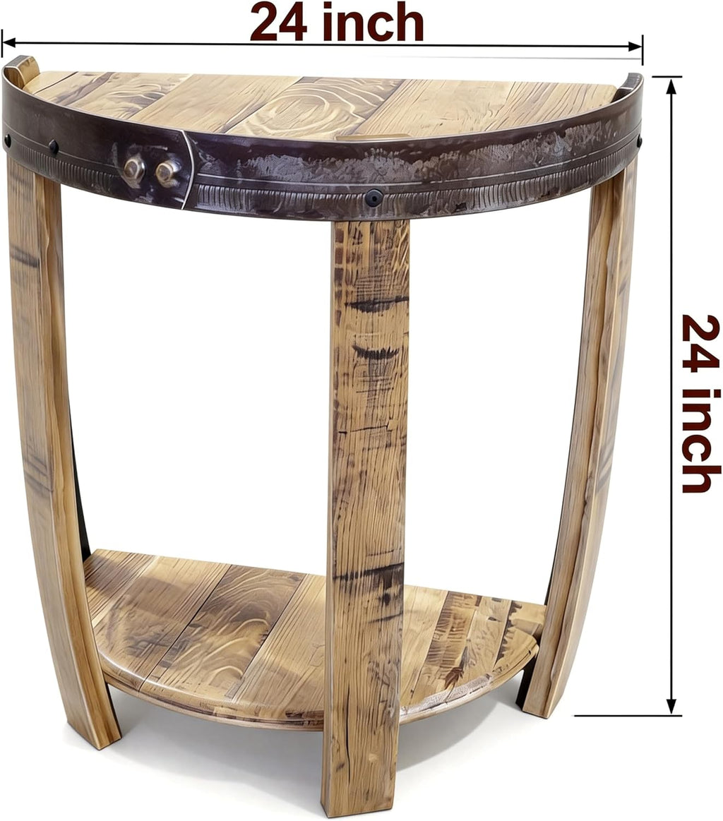 24Inch Half Whiskey Barrel Side Table，Whiskey Barrel End Table, Whiskey Barrel Table for Living Room, Bedroom, Handcrafted Rustic Oak Wine Barrel Decor