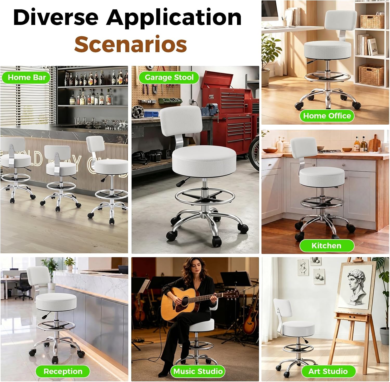 Office Drafting Chair with Footrest, Tall Height Adjustable Stool with Back Support, Heavy Duty Rolling Stool Chair with Wheels for Office Home Kitchen Bar Shop Guitar Studio Vanity, Gray