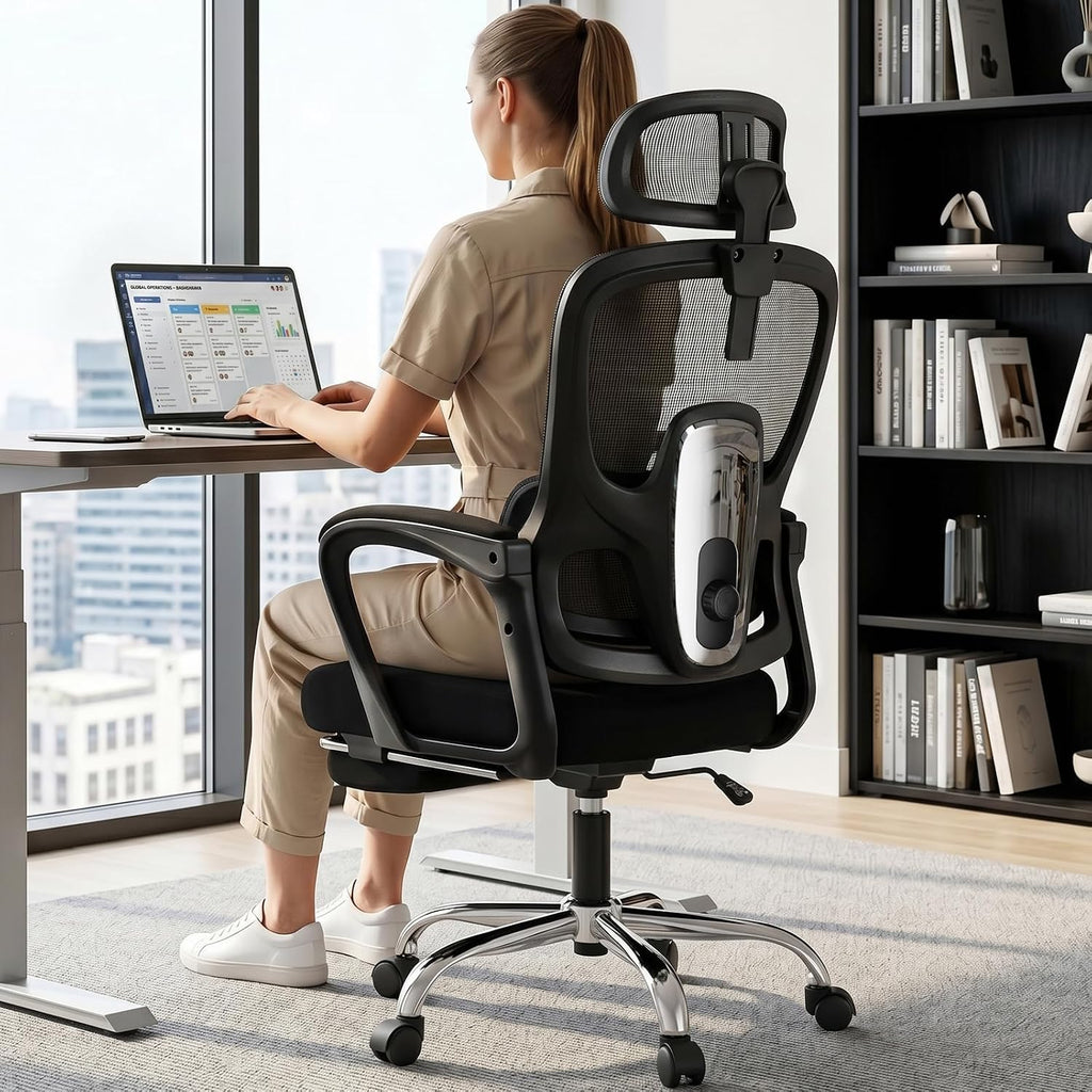 Ergonomic Office Chair with Footrest, 90-145° Reclining Gaming Chair with Adjustable Lumbar Support & Headrest, High Back Mesh Computer Chair for Home Office, 350lbs Capacity