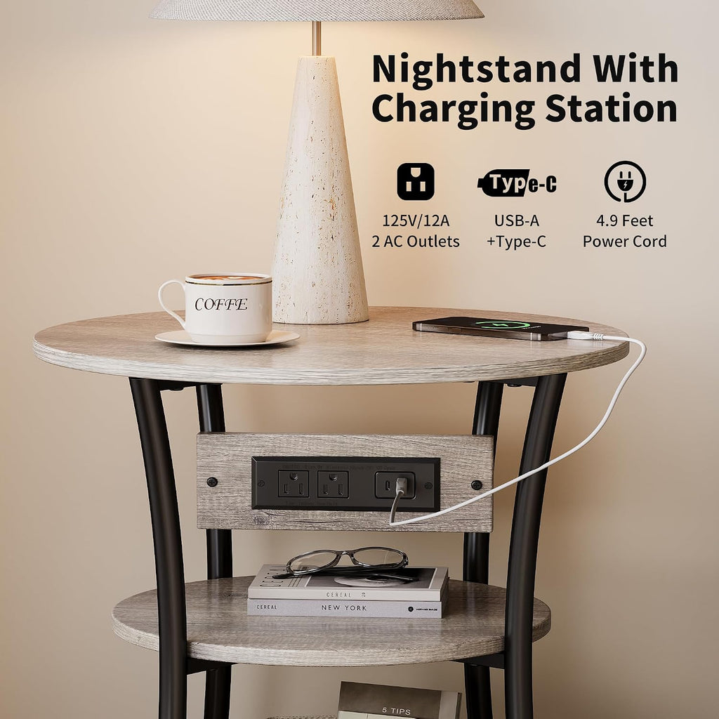 Side Table with Charging Station, End Nightstand with USB Ports and Outlet，3-Tier End Tables Living Room，for Living Room, Bedroom, Corners, and Office (Grey)