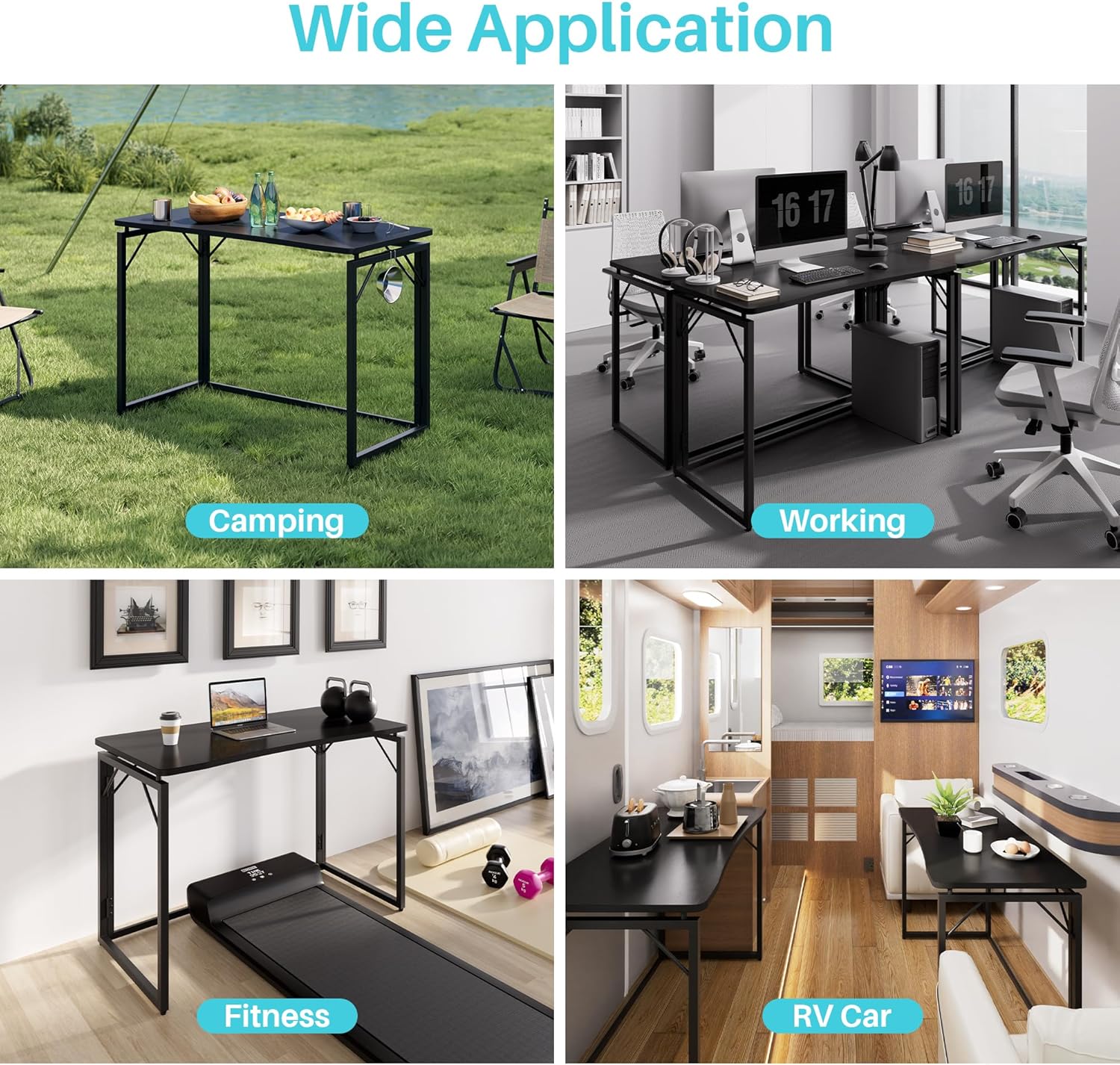 JOYMOOP Black 31.5" Folding Desk, No Assembly Small Foldable Desk for Home, Office, Wooden Top Folding Computer Desk for Working, Writing, Studying