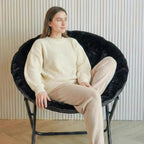Comfy Faux Fur Saucer Chair for Adults, Foldable Moon Chair with Metal Frame, Soft Padded Lounge Chair for Bedroom, Dorm & Gaming, Large Cozy Circle Chair for Teens & Adults (Black)