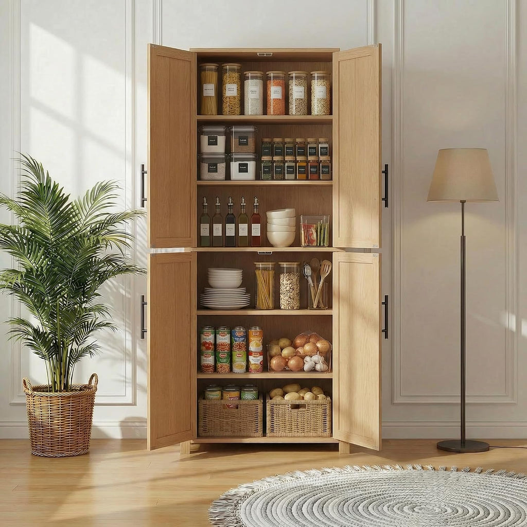 67" Tall Kitchen Pantry Cabinet, 28" W Storage Cabinet for Kitchen | 67" x 28" x 15" size, 4 adjustable shelves, engineered wood, anti-tip compatible, Shaker doors, Oak