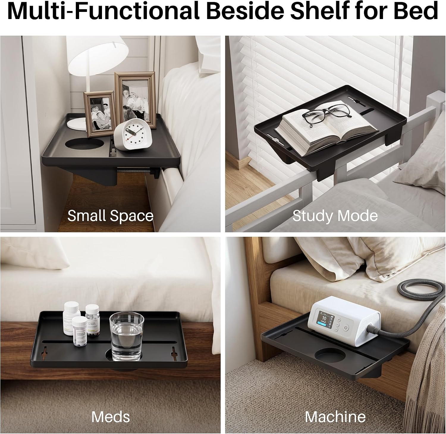 JOYMOOP Clip-On Bedside Shelf for Bunk Beds, Dorm Room Essentials, Bedside Caddy, No-Tool Install Bed Side Table Storage for Loft, Platform Beds, Nightstand Caddy for Phone, Glasses, Book, Black