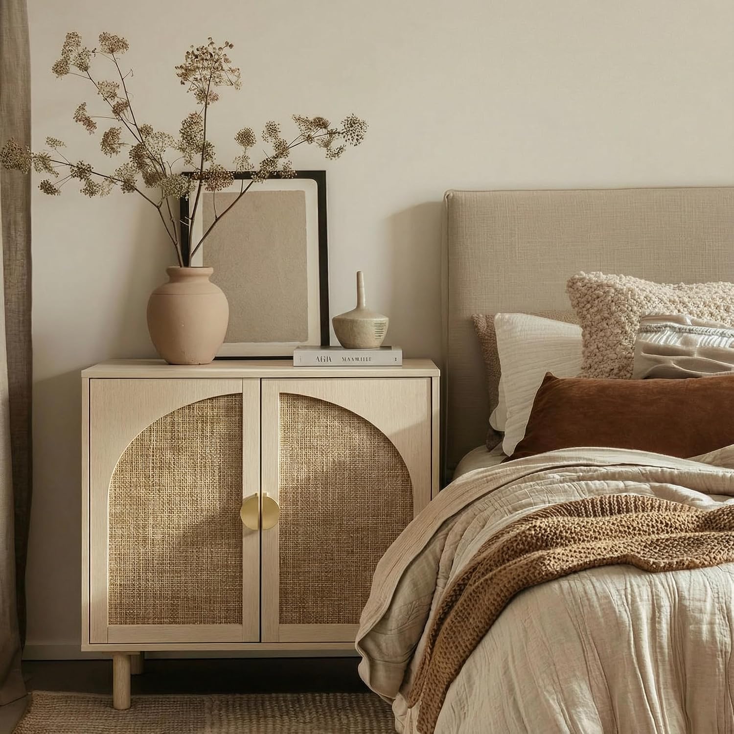 Rattan Cabinet, Storage Sideboard with 2 Doors, Beige Boho Buffet with Adjustable Shelf, Premium Wood Credenza. [Beige, 1pc]