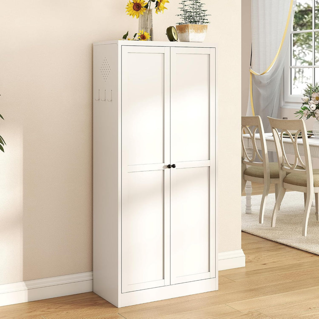 61" Tall Metal Kitchen Pantry Cabinet with 2 Doors & Adjustable Shelves, Heavy-Duty Freestanding Storage Credenza Organizer Utility Cupboard for Pantry, Kitchen, Bathroom,White