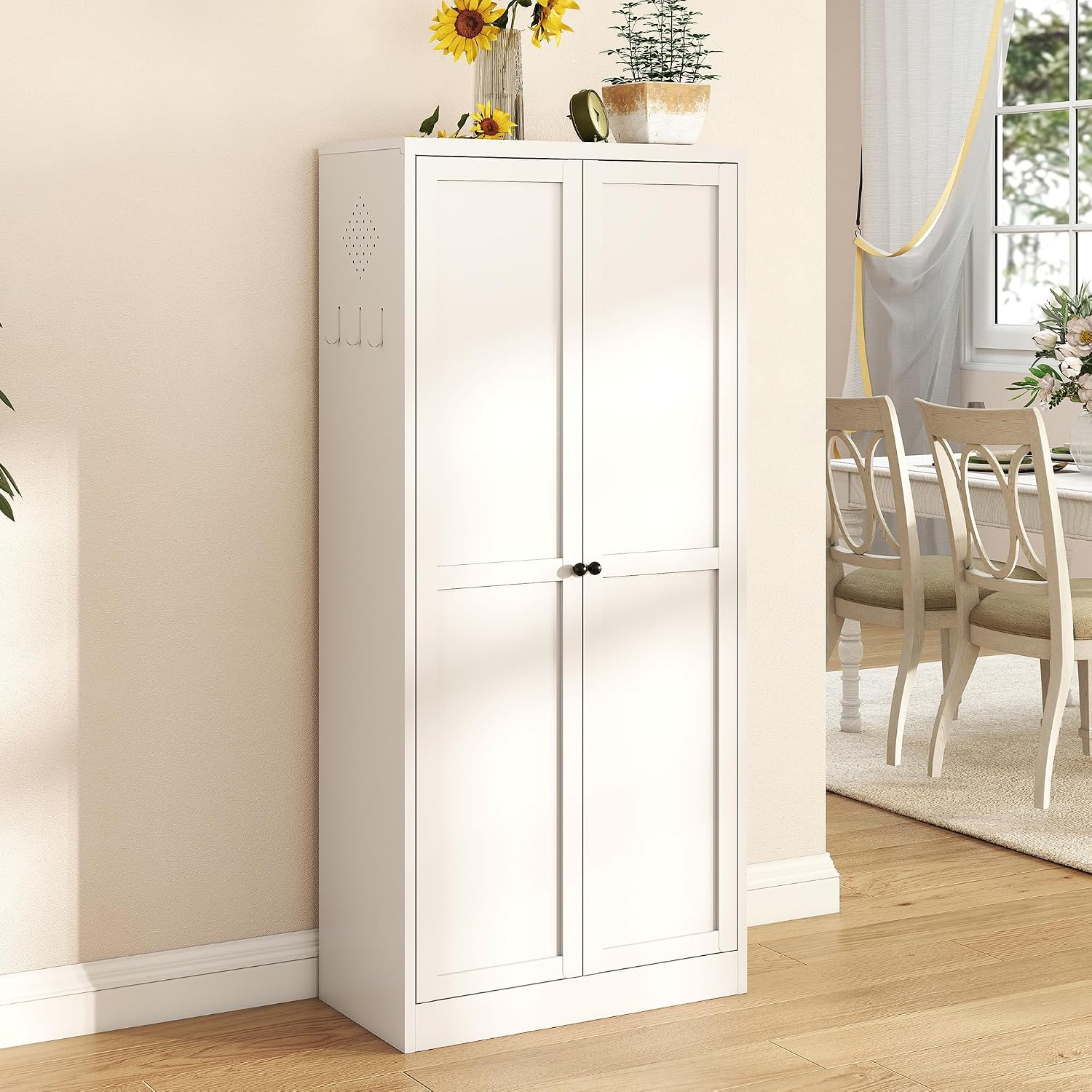 Modern 61" White Metal Kitchen Pantry Cabinet with Adjustable Storage, 4 Durable Shelves - Heavy Duty Organizer for Kitchen, Pantry & Living Room!