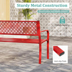 Tangkula 50 Inches Outdoor Garden Bench, Metal Patio Park Bench with Geometric Lattice Backrest, Armrests and Slatted Seat, Outdoor Loveseat Chair for Porch, Lawn and Yard (Red)