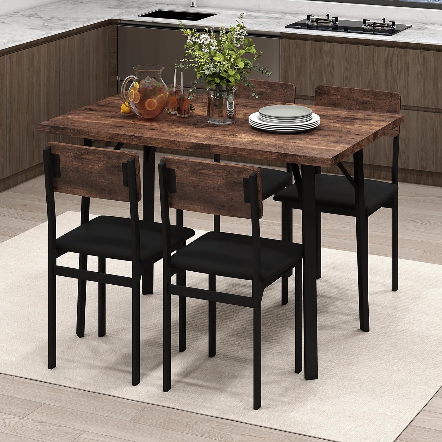 Giantex 5-Piece Dining Table Set for 4, Industrial Kitchen Table and 4 PU Leather Upholstered Chairs with Metal Leg, Padded Seat, Space-Saving Dinette Set for Small Space Apartment Breakfast Nook