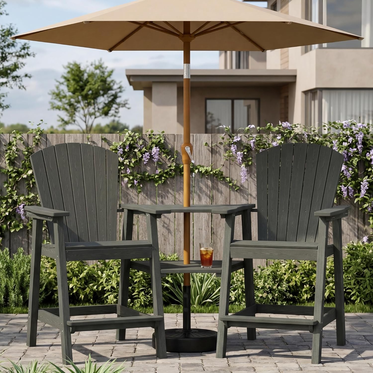 PLUUV Tall Adirondack Chairs Set of 2 with Double Connecting Trays, All Weather HDPE Bar Height Outdoor Chairs, Outdoor Adirondack Barstools with Umbrella Hole for Balcony, Patio, Backyard, Grey