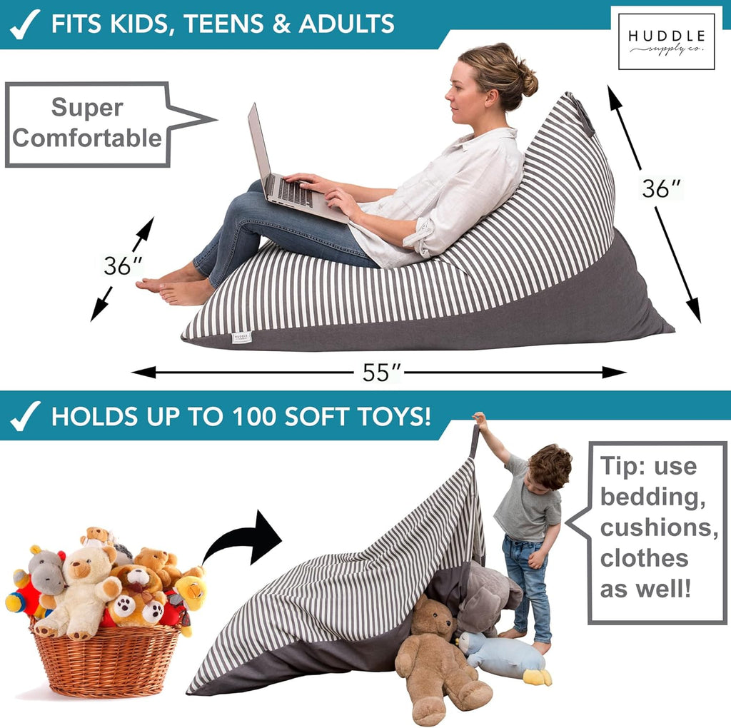 Huddle Original Stuffed Animal Storage Chair Washable Bean Bag Cover (No Filler) for the Perfect Kids Bean Bag Chair. XL Bean Bag Stuffed Animal Storage Bags | Store 100+ Toys 100% Cotton Canvas Grey
