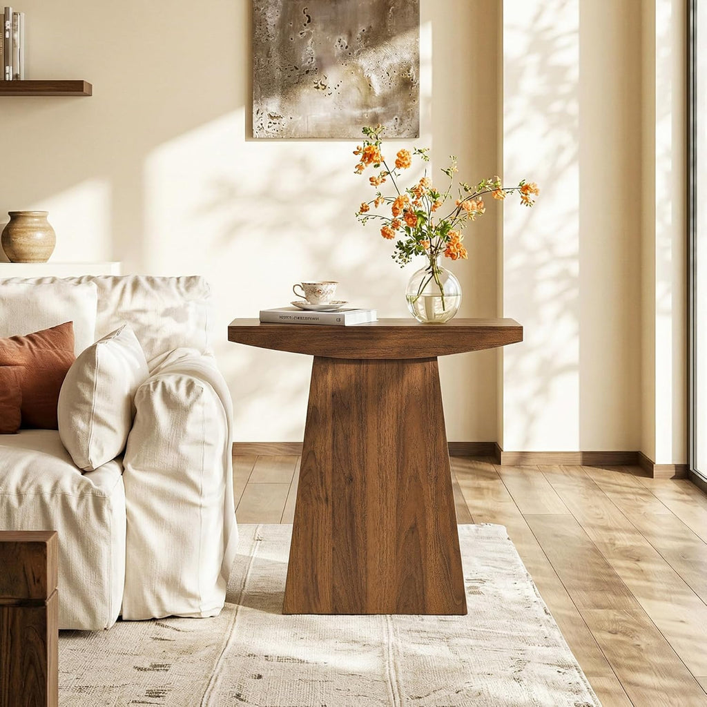 Tribesigns Pedestal End Table, Farmhouse Sofa Couch Side Table with Trapezoid Base, Wooden Accent Drink Stand Nightstand for Living Room, Small Space, Walnut Brown
