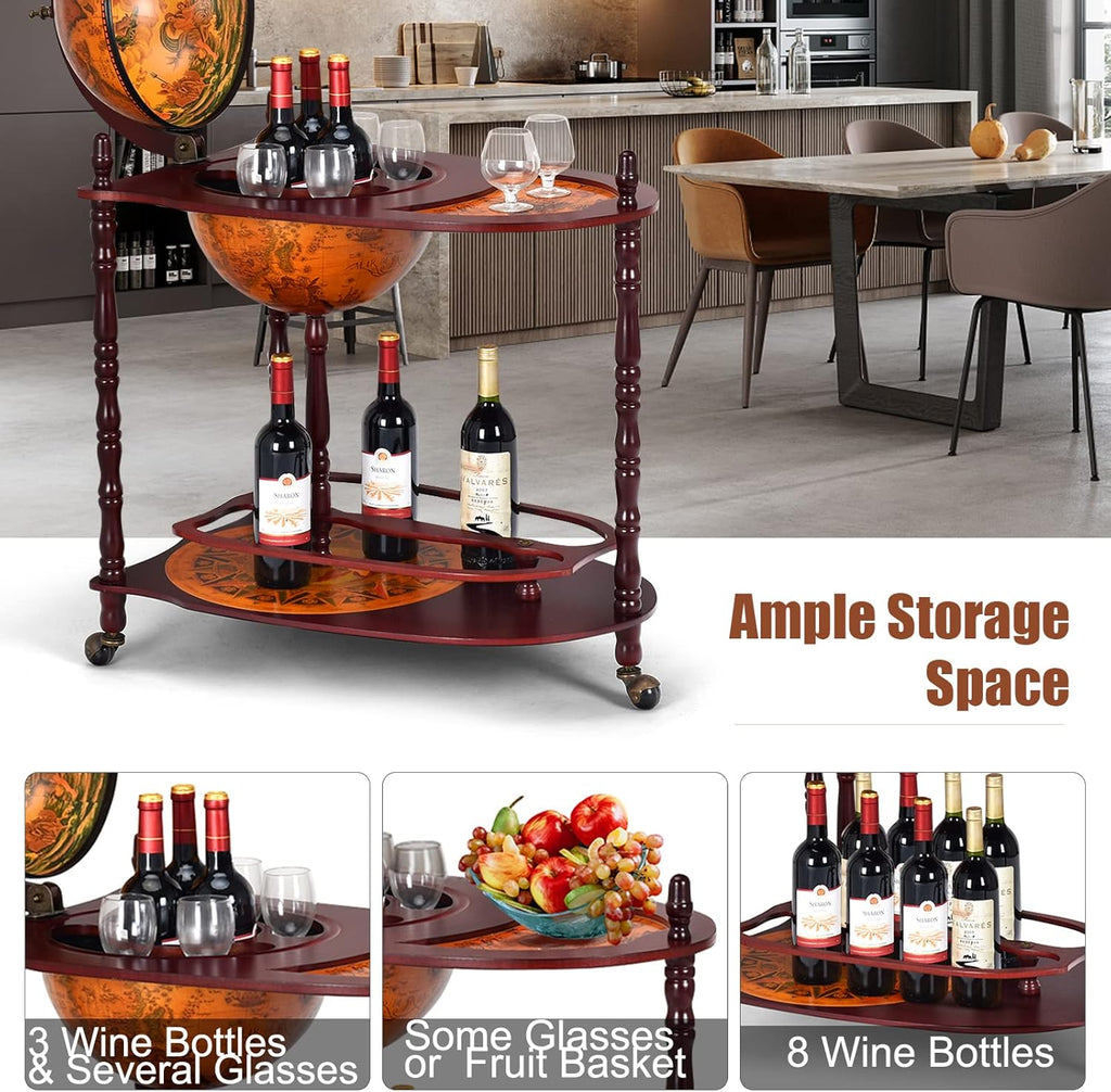 Goplus Globe Bar, 34.5” Globe Bar Liquor Cabinet with Wheels, Bottom Shelf, Old World Map, 16th Century Italian Replica Bar Globe, Retro Wine Stand, Globe Bar Cart for Dining Room Living Room Home
