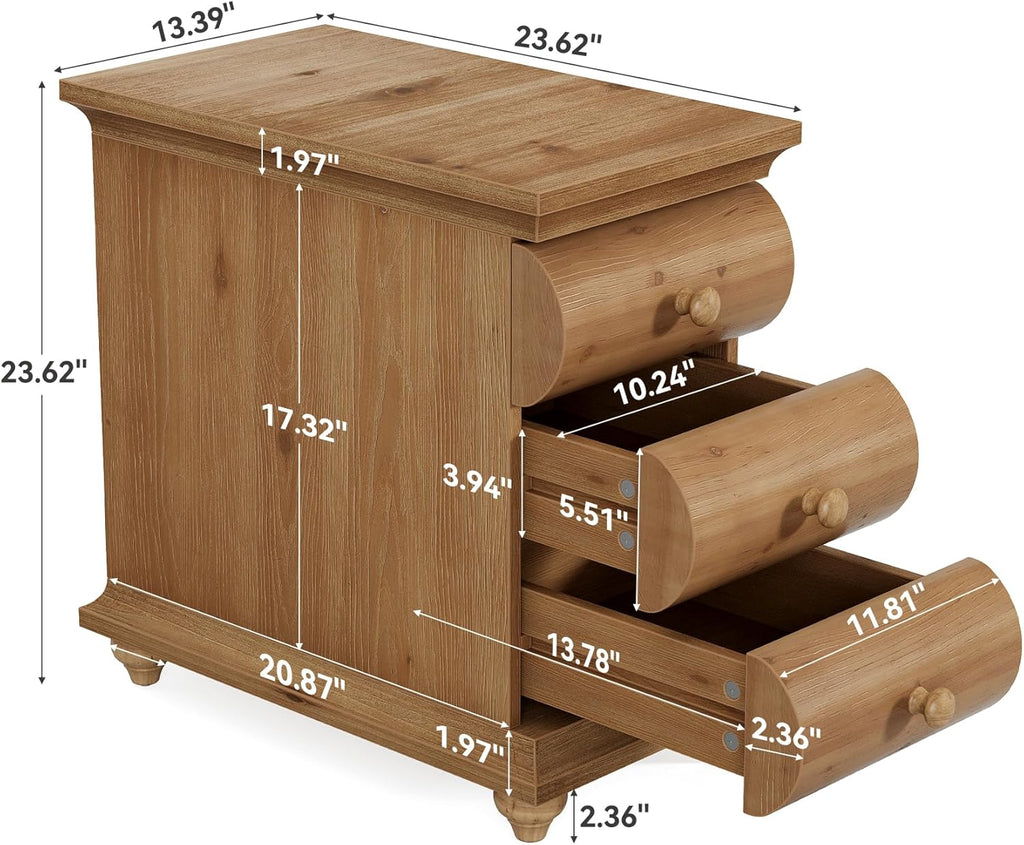 Solid Wood End Table, 3 Drawers Narrow Sofa Side Table with Finished Back, Rustic Slim Nightstand Bedside Table for Bedroom, Living Room, Small Space