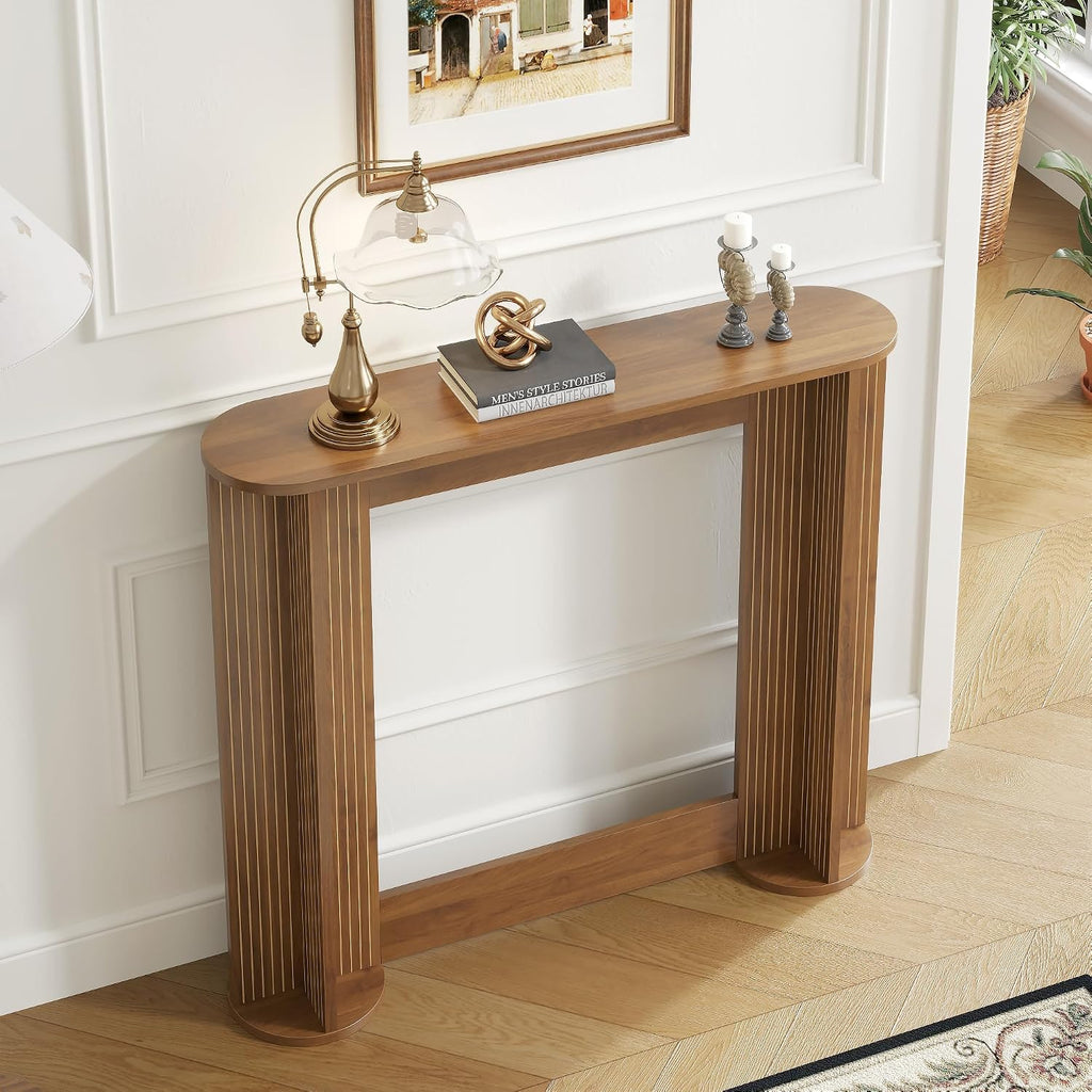 35 Inch Small Narrow Console Table Behind Couch, Mid-Century Modern Fluted Skinny Entryway Table, Slim Sofa Table for Hallway, Living Room, Wood, Brown, Walnut