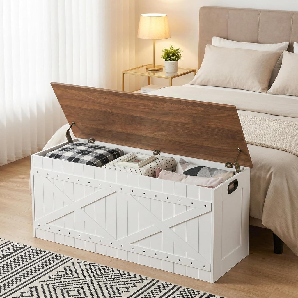 MAHANCRIS 47.2" Storage Chest, Extra Large Toy Box with 2 Safety Hinges, Wooden Toy Chest, Storage Bench with Rivets, Storage Trunk for Bedroom, Living Room, Entryway, White and Brown SCBZ18501