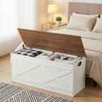 MAHANCRIS 47.2" Storage Chest, Extra Large Toy Box with 2 Safety Hinges, Wooden Toy Chest, Storage Bench with Rivets, Storage Trunk for Bedroom, Living Room, Entryway, White and Brown SCBZ18501